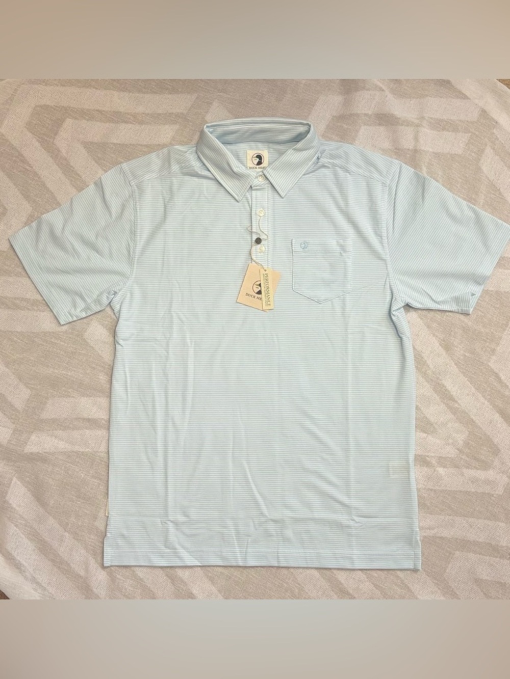 Duck Head Performance Polo Shirt Men Medium Light Blue Striped Stretch Golf NWT